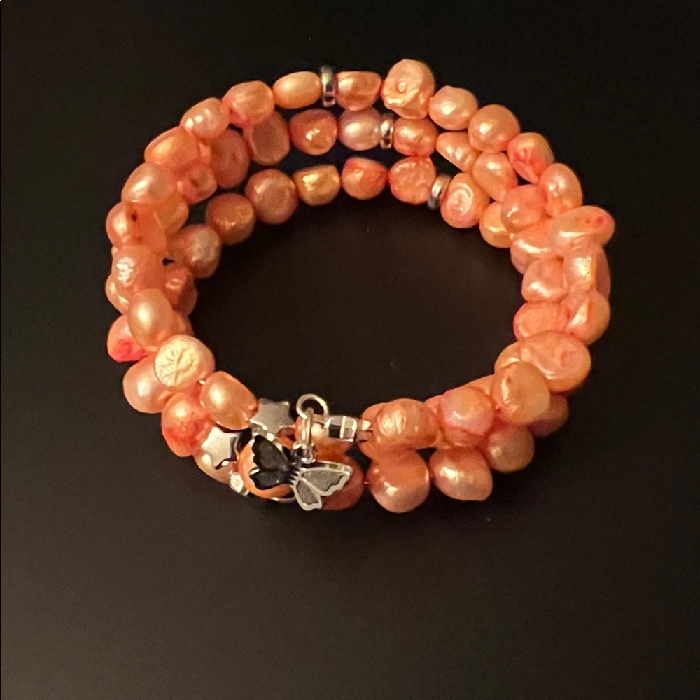 Hand Crafted Vibrant Orange Faux Pearl Wrap Bracelet with Butterfly Charm